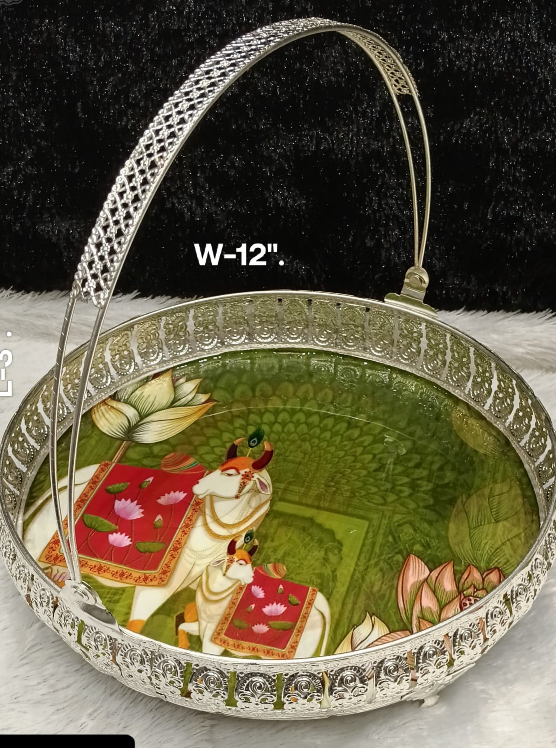 Silver Plated Kamdhenu Print Fruit / Flower / Pooja. Basket for gift/ housewarming