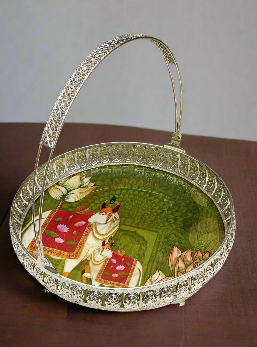 Silver Plated Kamdhenu Print Fruit / Flower / Pooja. Basket for gift/ housewarming
