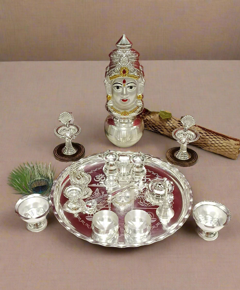 silver plated pooja thali set of 15 pieces for housewarming/ varalakshmi pooja set
