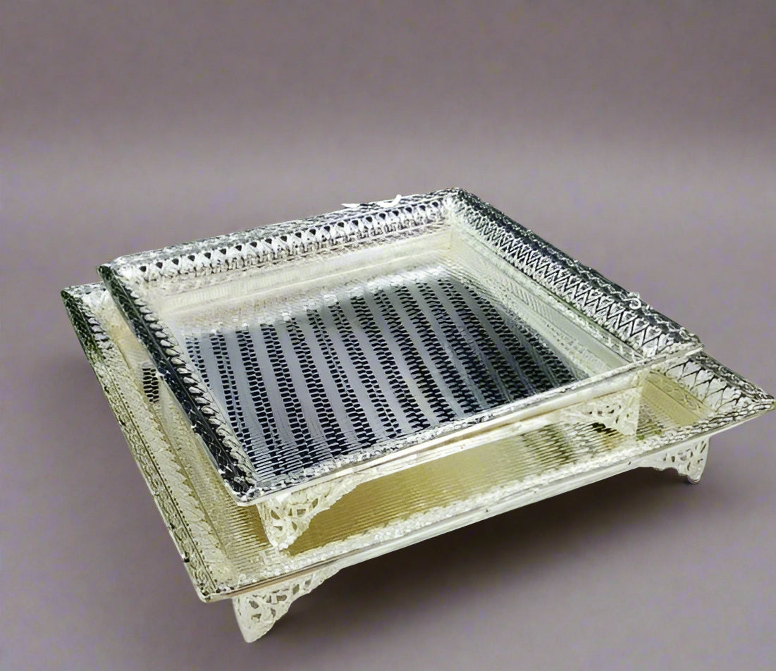 german silver set of 2 designer trays for serving/ gift item/ home décor/ pooja
