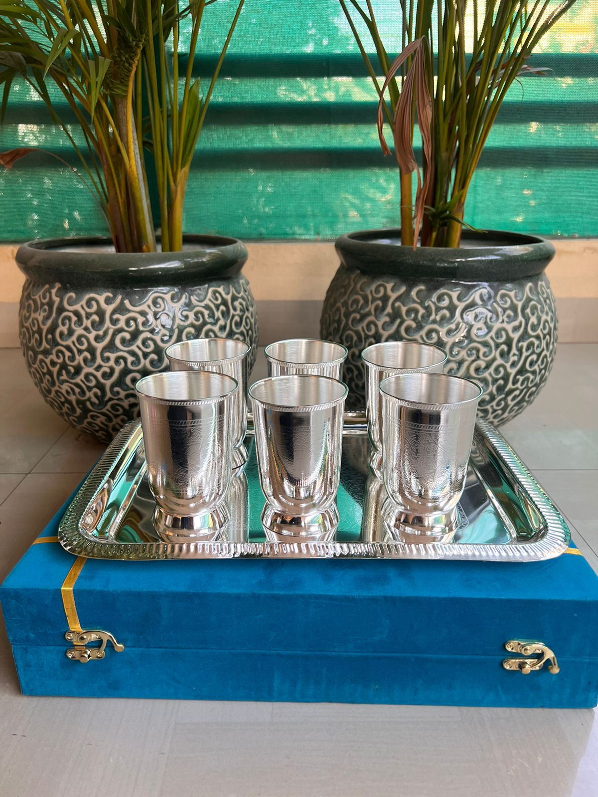 german silver 6 shiny super finish glass set with tray in a gift box for gift / serving