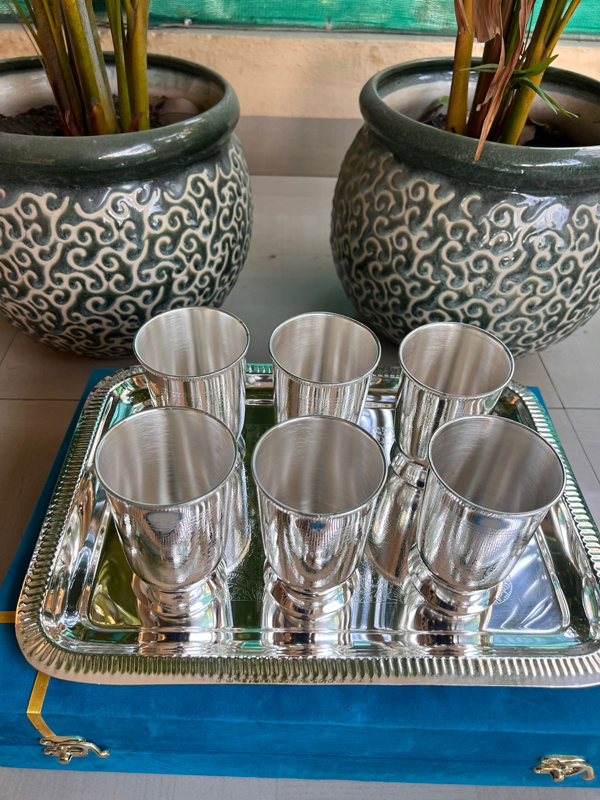 german silver 6 shiny super finish glass set with tray in a gift box for gift / serving