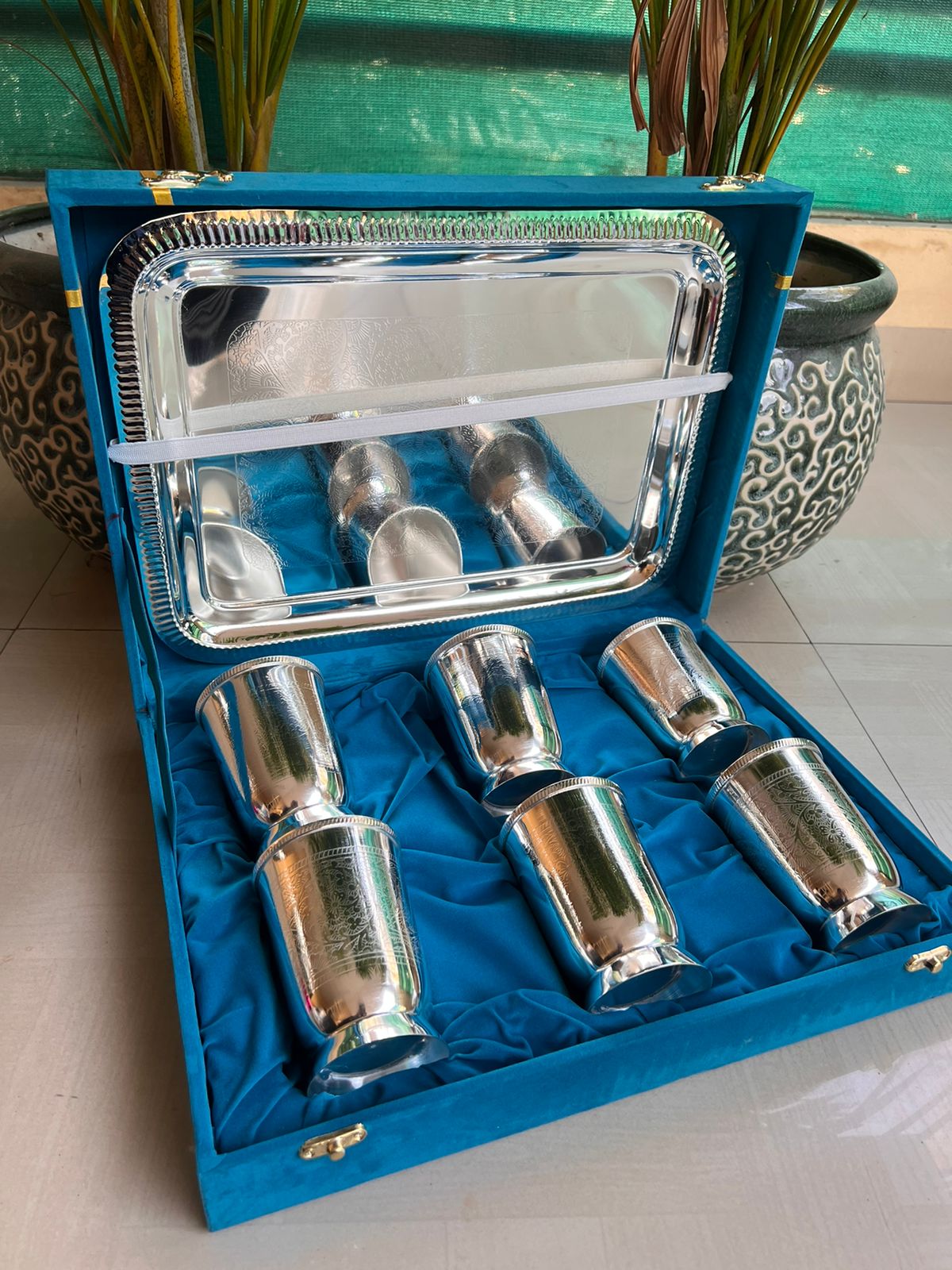 german silver 6 shiny super finish glass set with tray in a gift box for gift / serving