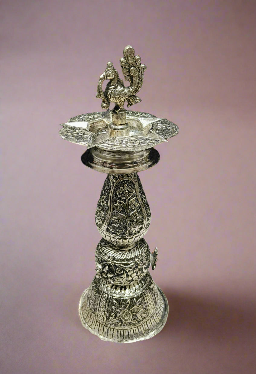 silver plated antique finish fully carved peacock diya set for housewarming/ diwali