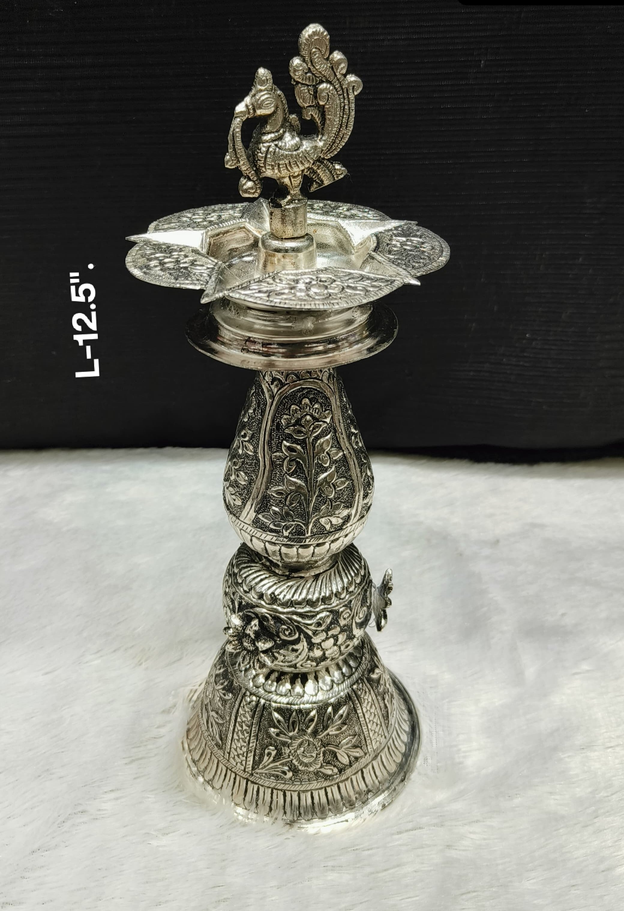 silver plated antique finish fully carved peacock diya set for housewarming/ diwali