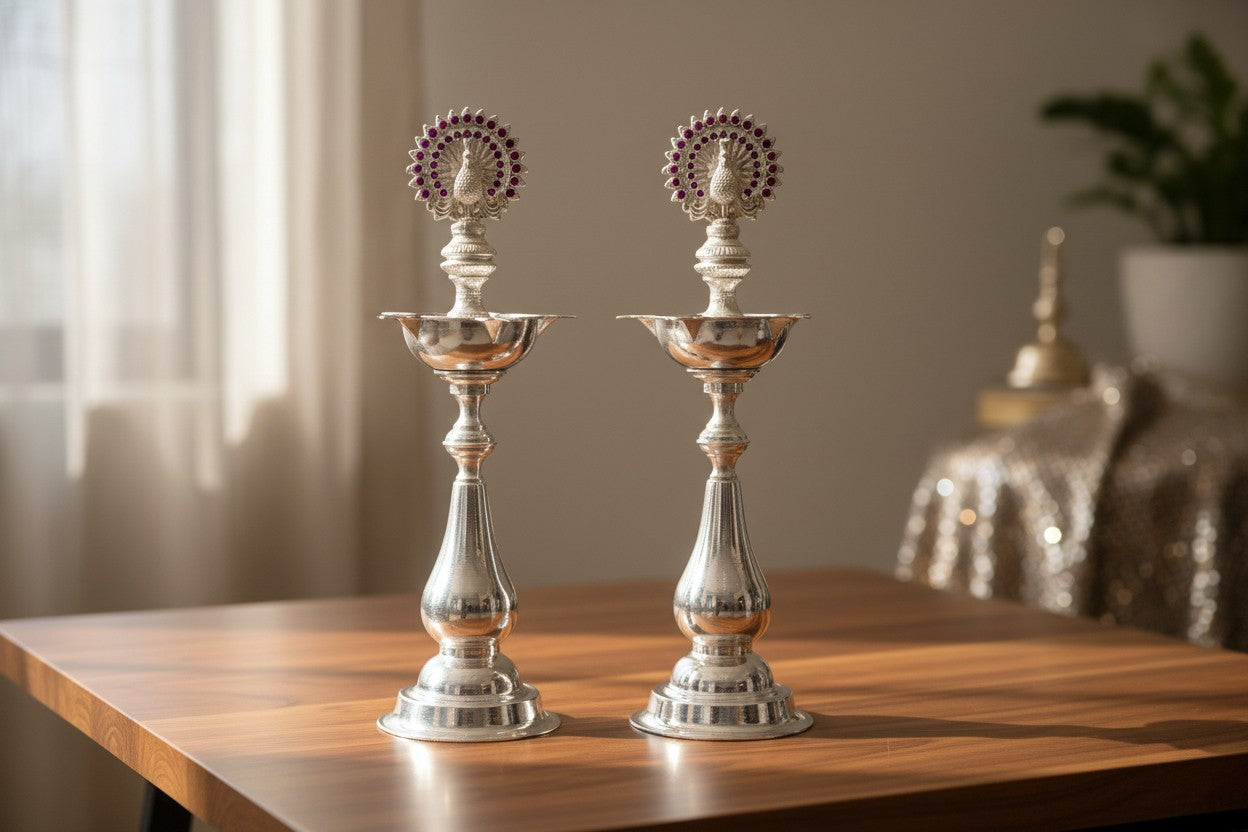 German Silver Dancing Peacock Diya – Perfect for Housewarming Pooja & Diwali Décor
