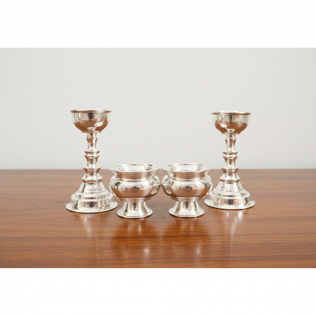 German Silver Diya Pair with Bowls – Perfect for Pooja, Housewarming & Diwali Décor