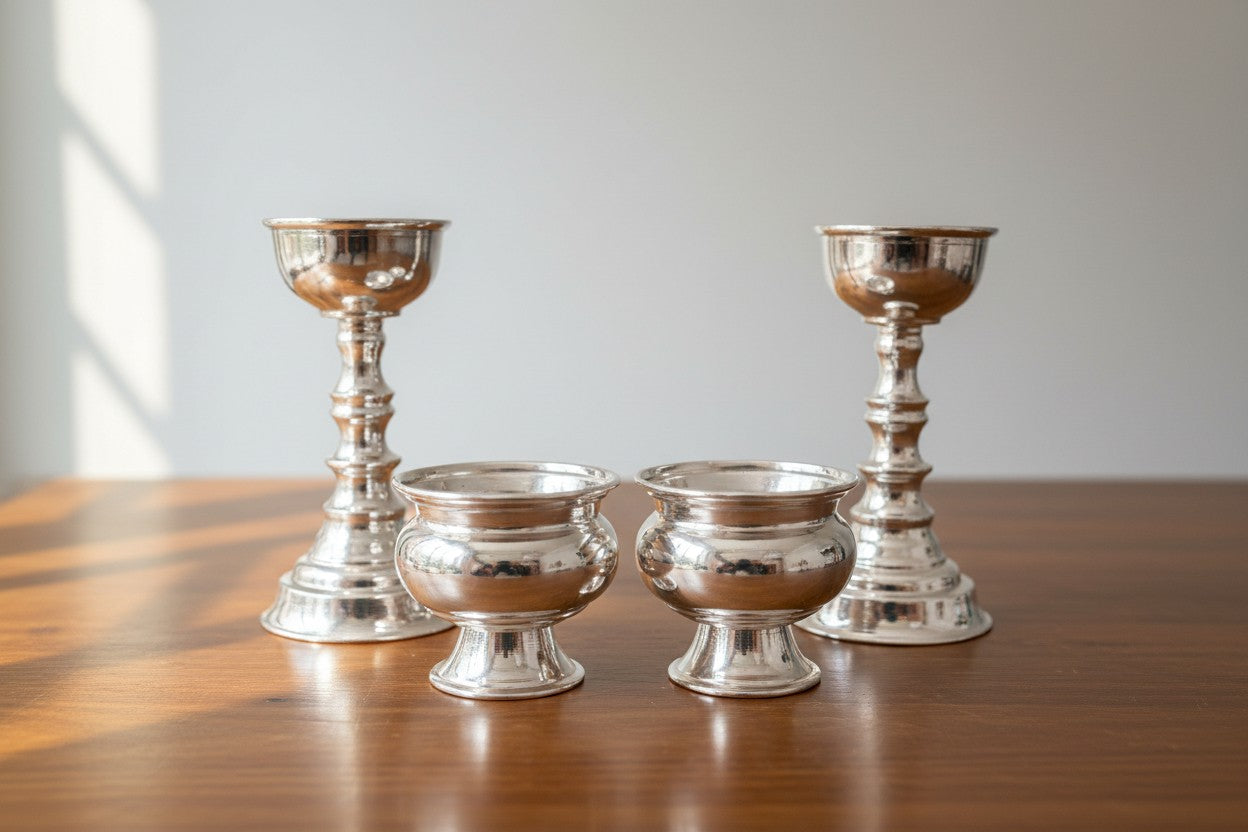 German Silver Diya Pair with Bowls – Perfect for Pooja, Housewarming & Diwali Décor