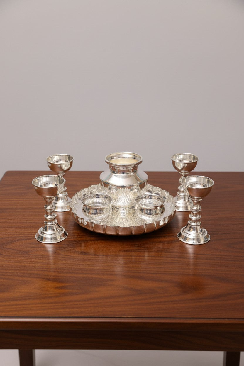 German Silver Pooja Thali Set – 6 Pieces for Housewarming, Daily Rituals & Diwali Pooja