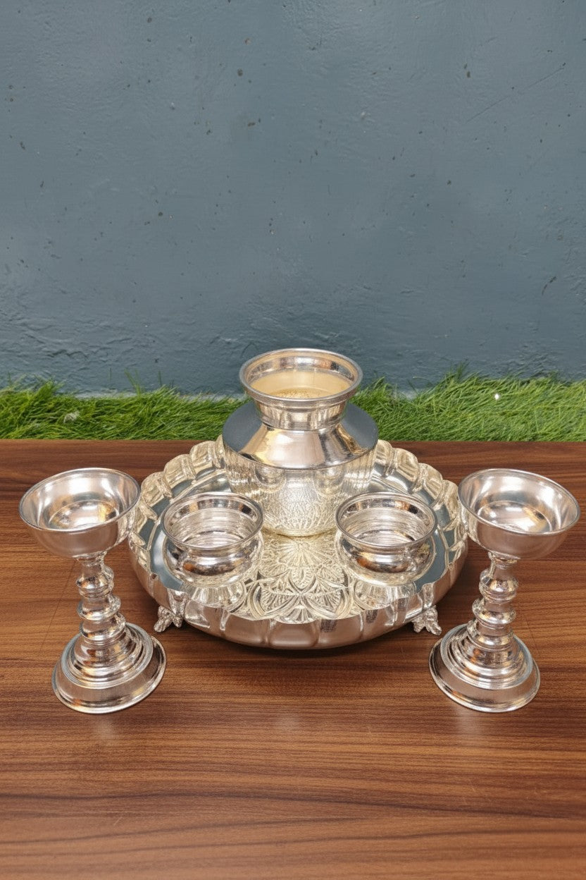 German Silver Pooja Thali Set – 6 Pieces for Housewarming, Daily Rituals & Diwali Pooja
