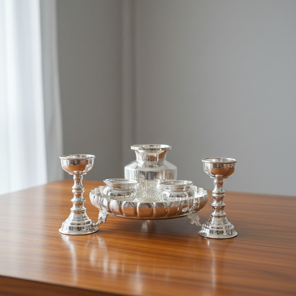 German Silver Pooja Thali Set – 6 Pieces for Housewarming, Daily Rituals & Diwali Pooja