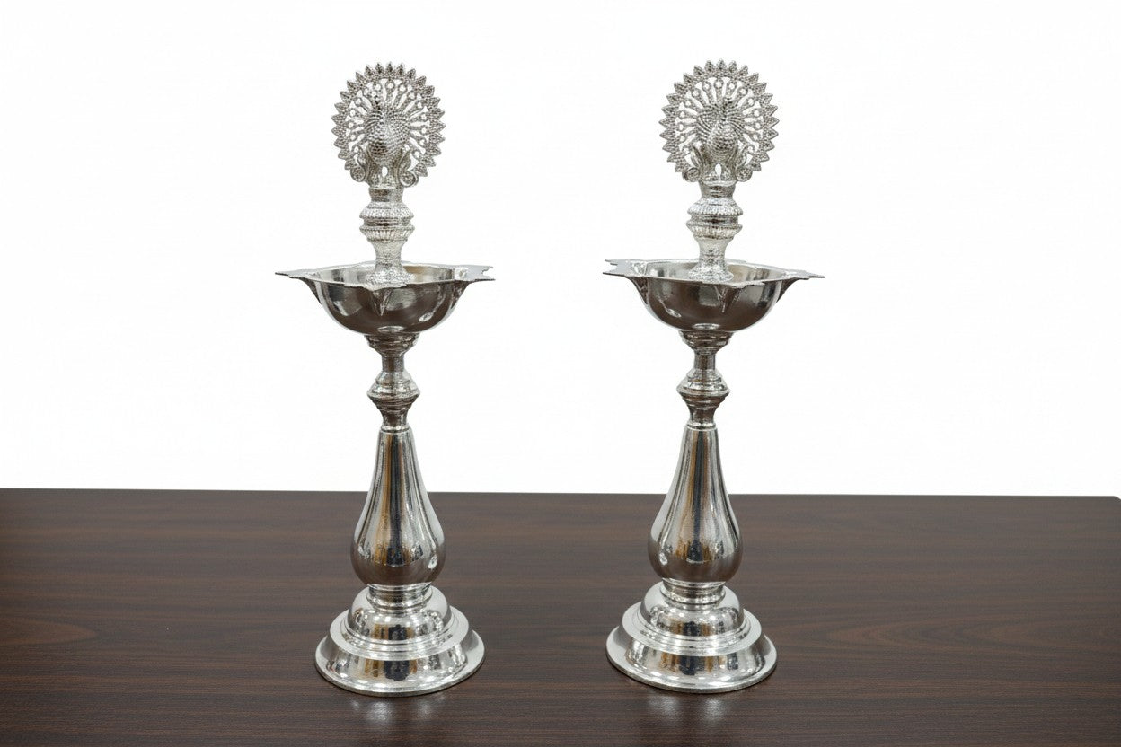 German Silver peacock Diya Pair – Perfect for Pooja, Housewarming & Diwali Décor, 12"
