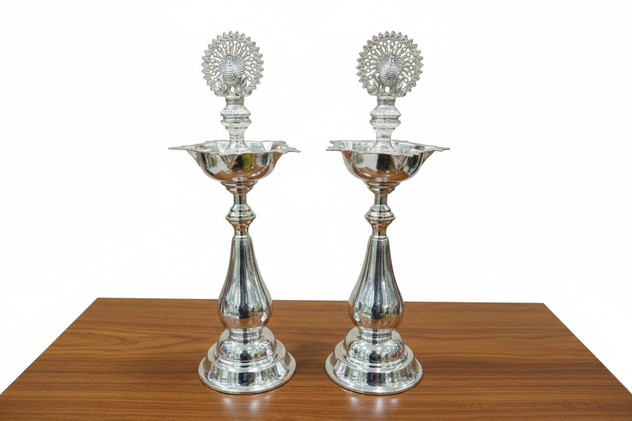 German Silver peacock Diya Pair – Perfect for Pooja, Housewarming & Diwali Décor, 12"