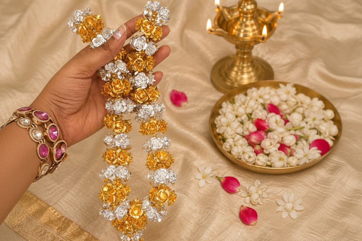 German Silver Golden & Silver Rose Garland – Elegant Décor for God’s Idol, Pooja & Festive Rituals,15"