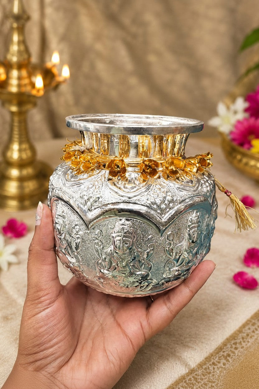 German Silver Astha Lakshmi Kalash with Golden Mala – Perfect for Housewarming, Diwali & Pooja Rituals