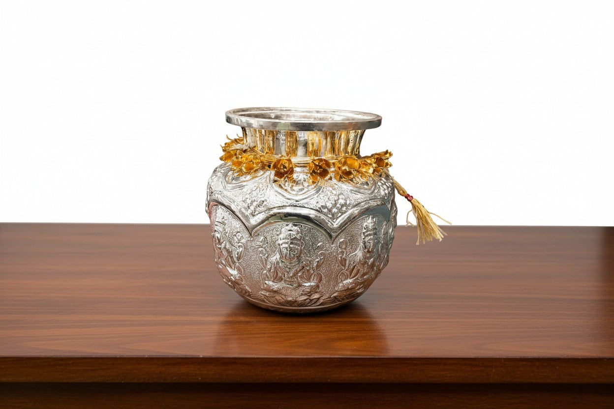 German Silver Astha Lakshmi Kalash with Golden Mala – Perfect for Housewarming, Diwali & Pooja Rituals