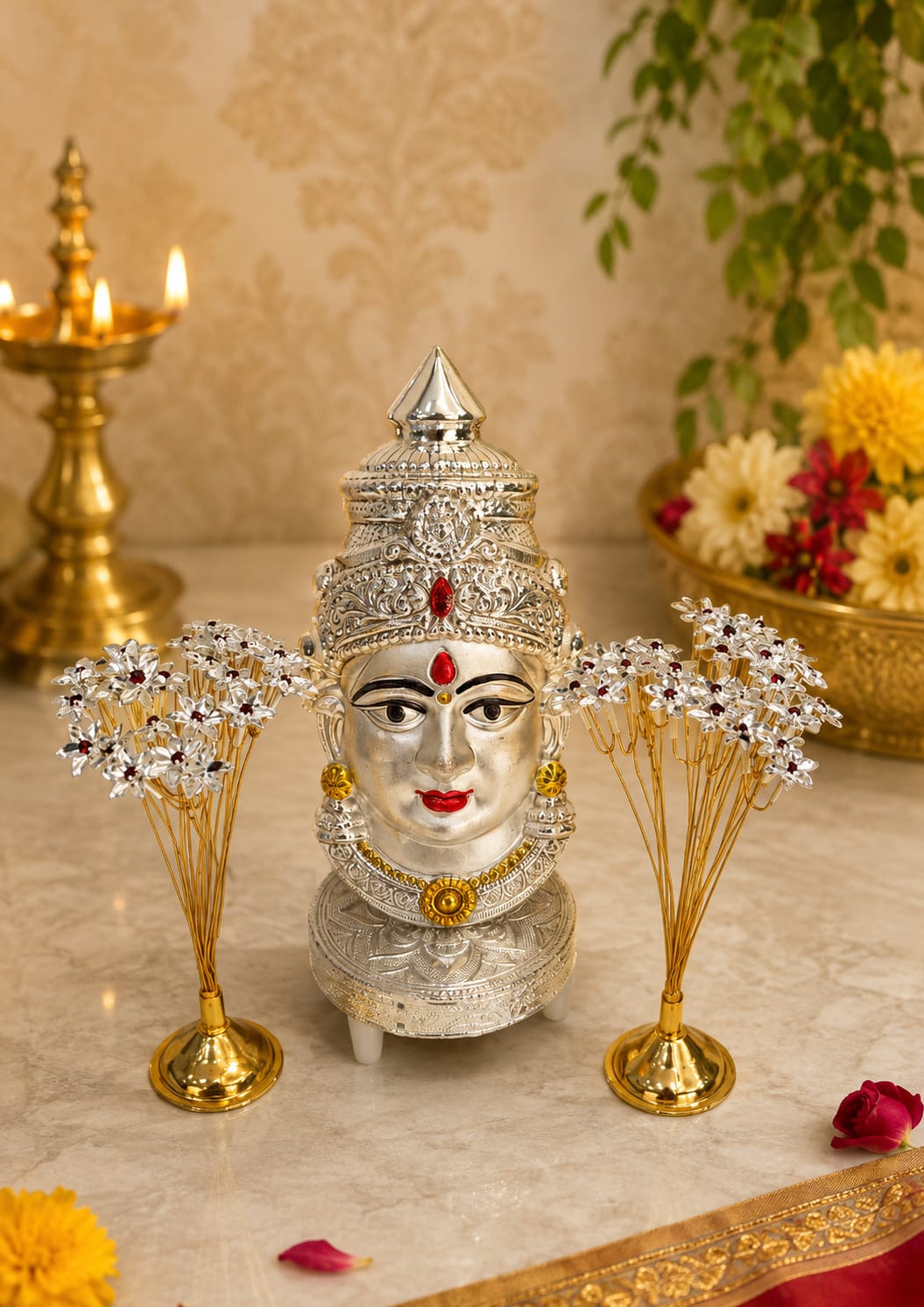 German Silver Lakshmi Face with Stool – Floral & Tree Design for Housewarming, Pooja & Diwali Décor