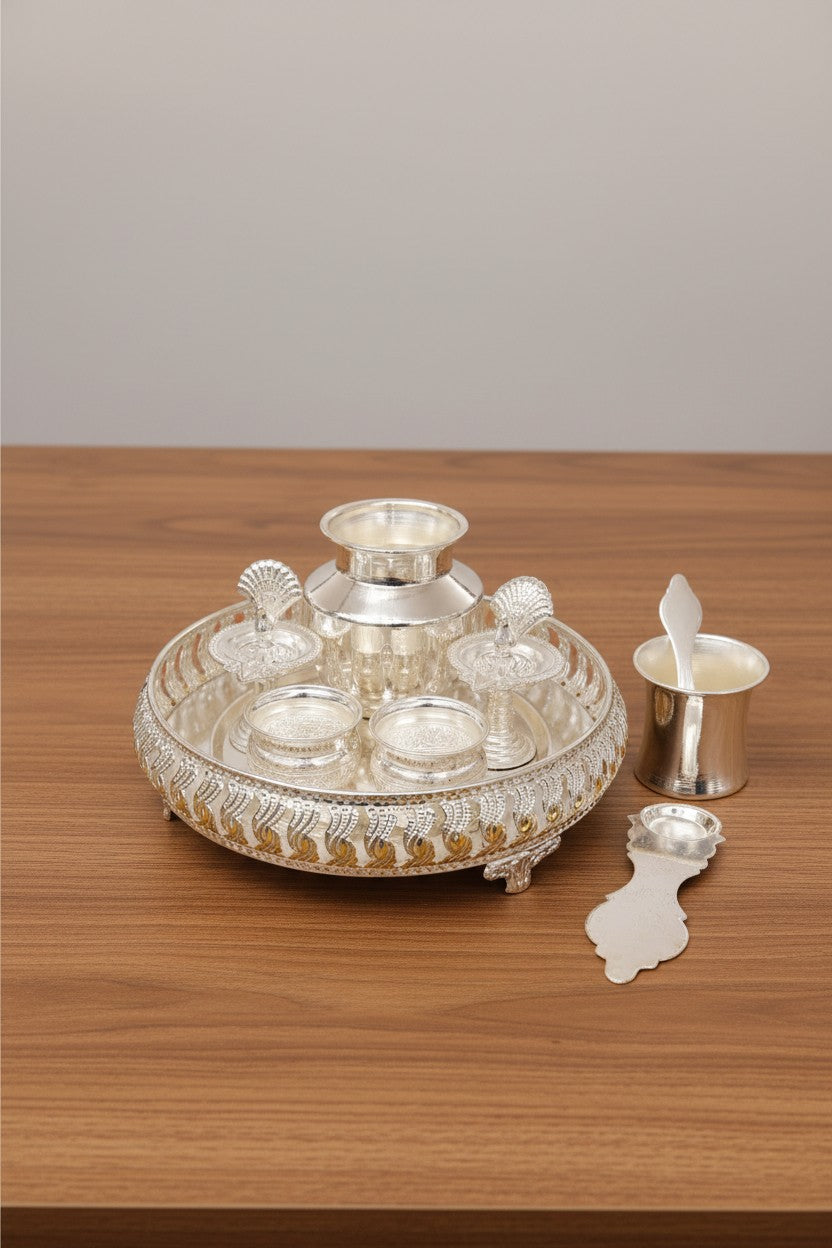 German Silver Pooja Thali Set – 9 Pieces for Diwali & Navratri Pooja