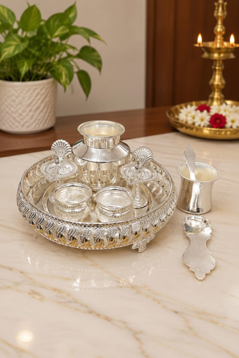 German Silver Pooja Thali Set – 9 Pieces for Diwali & Navratri Pooja
