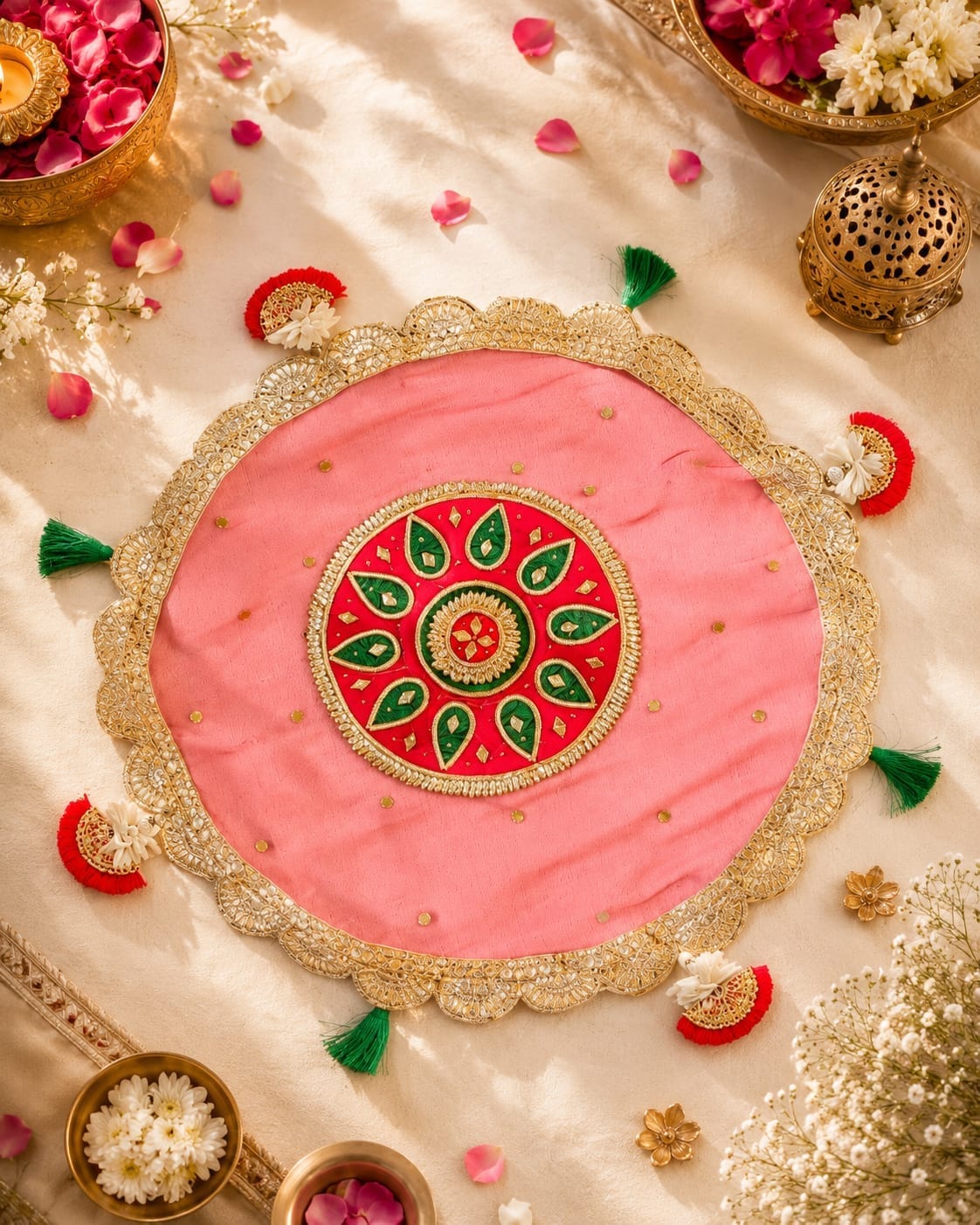 Gota Work Thal Covers – Elegant Karwa Chauth & Gift Item, color : pink