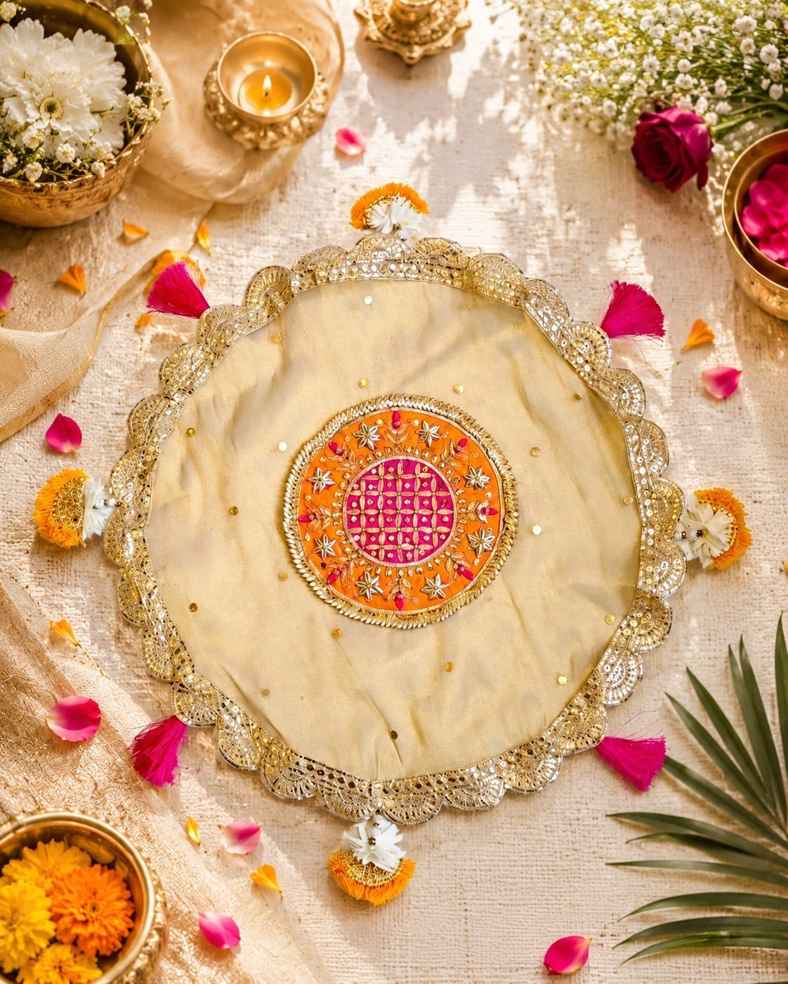 Gota Work Thal Covers – Elegant Karwa Chauth & Gift Item, color : beige