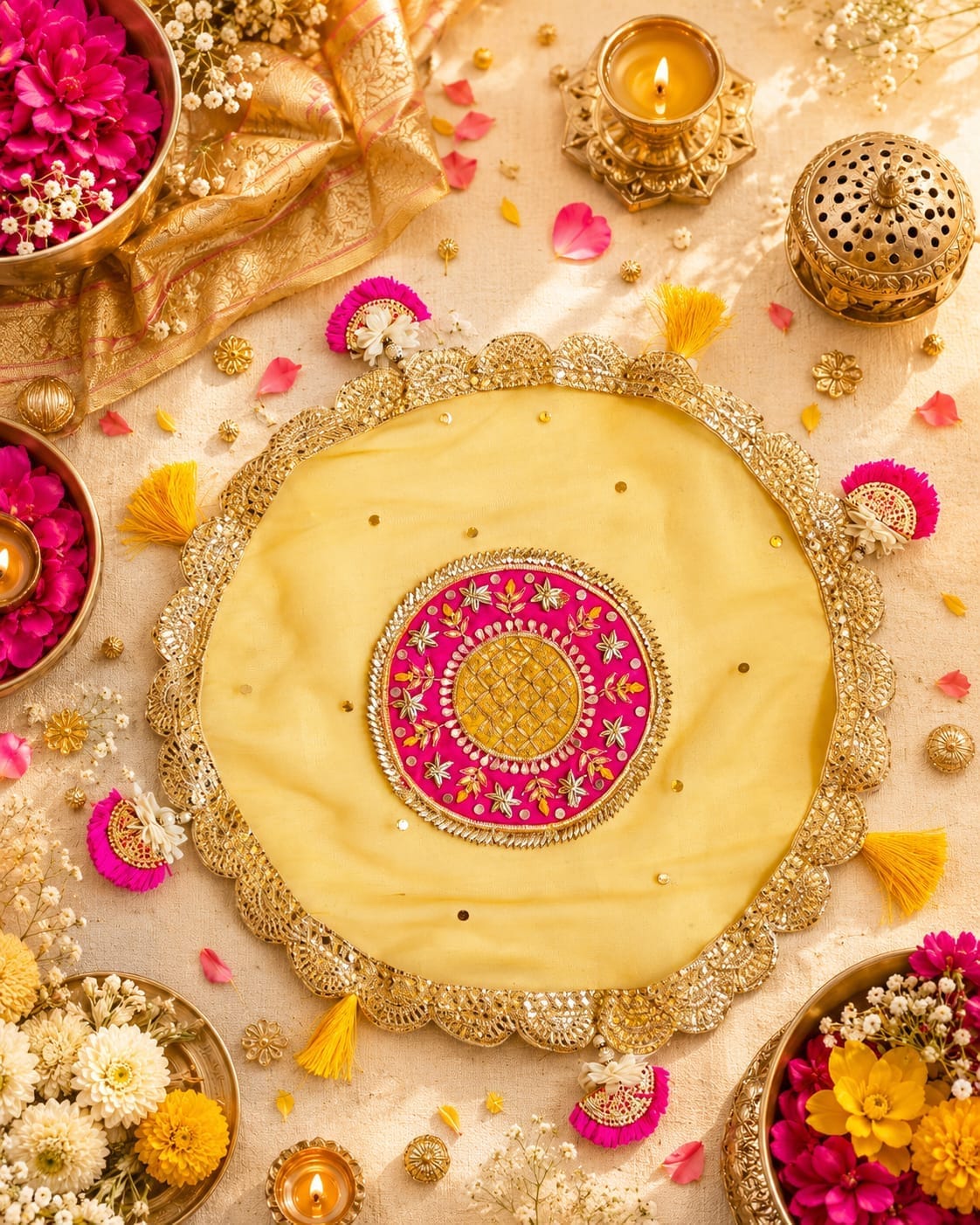Gota Work Thal Covers – Elegant Karwa Chauth & Gift Item, color : yellow