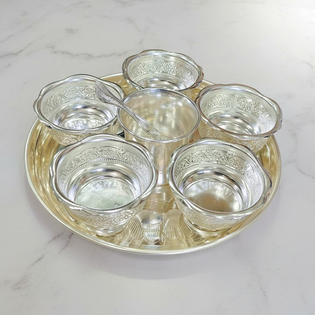 German Silver Pooja Thali Set – 7 Pieces for Diwali & Navratri Rituals