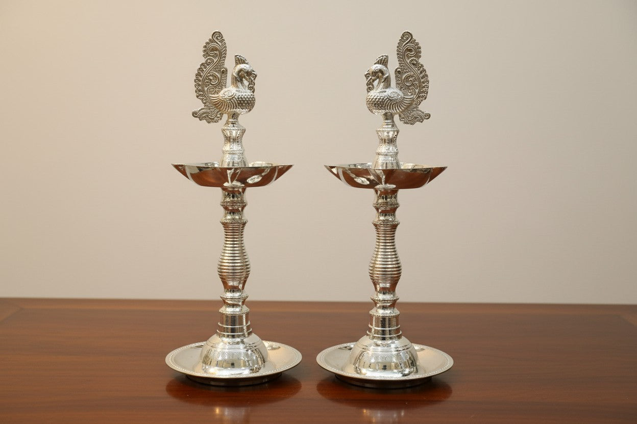 Silver Plated German Silver Peacock Diya – Diwali, Housewarming & Navratri Pooja