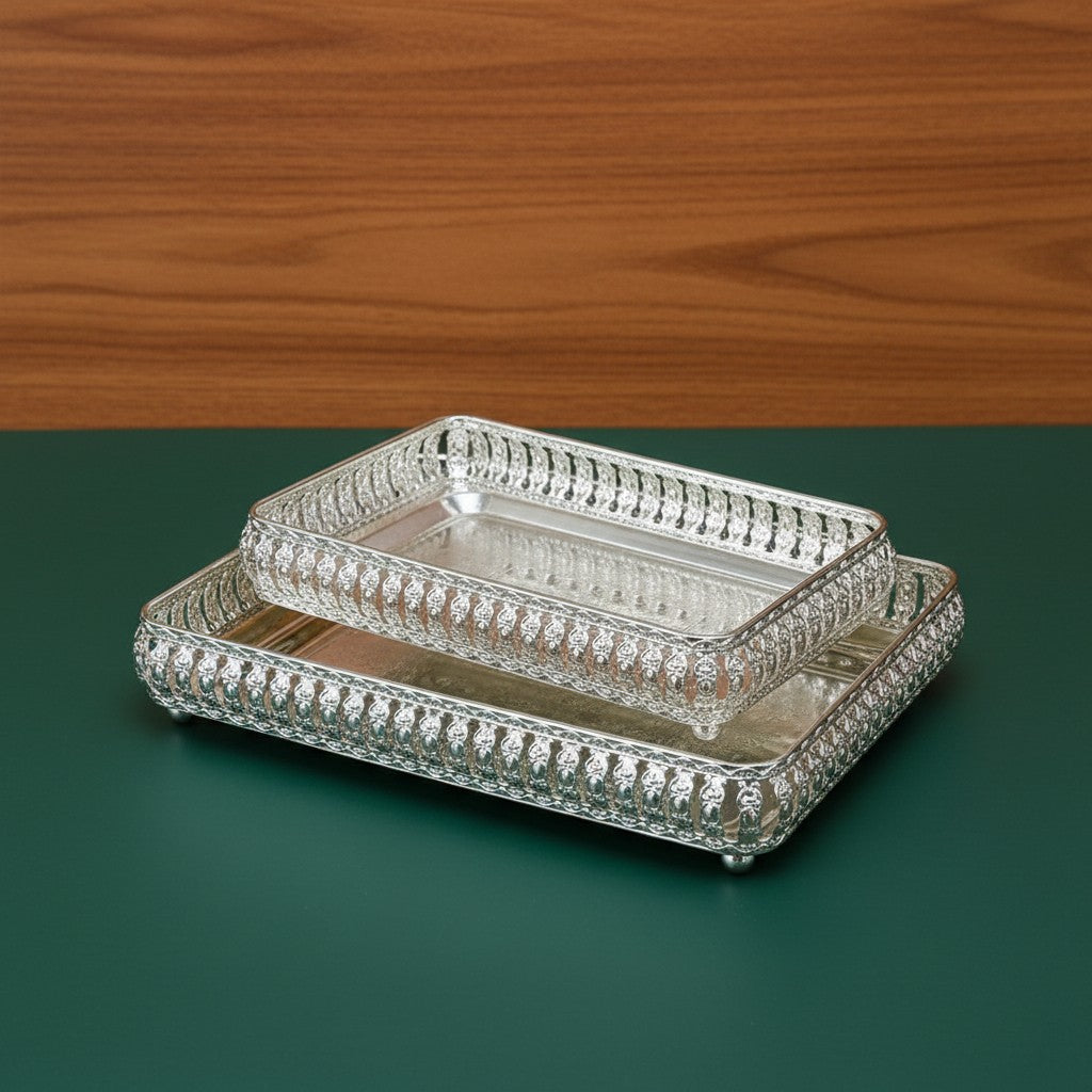 German Silver Set of 2 Rectangle Trays – Serving, Gift & Pooja Use