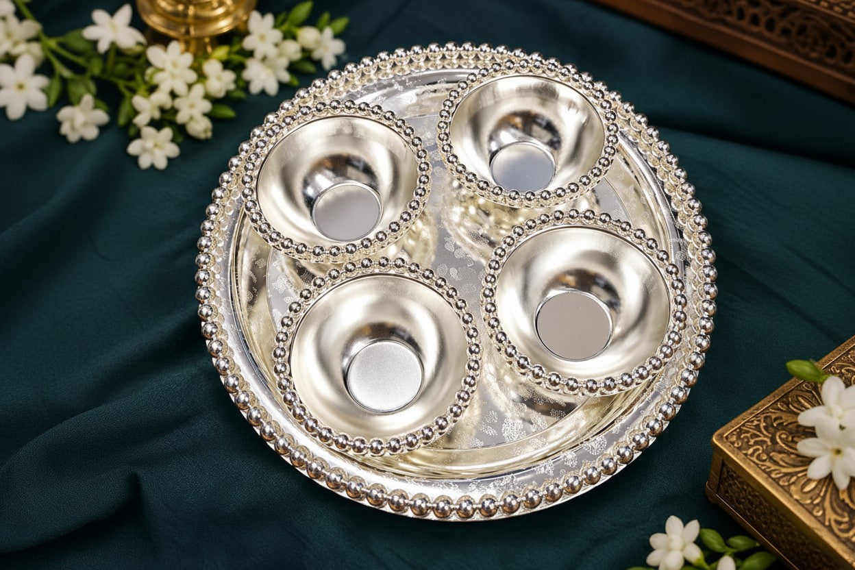 German Silver Round Tray with Matching Bowls – Snacks, Prasadam & Gift Use