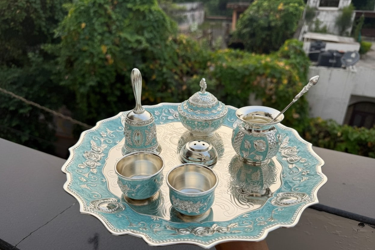 German Silver Blue Pooja Thali Set – 8 Pieces Colorful Puja Plate