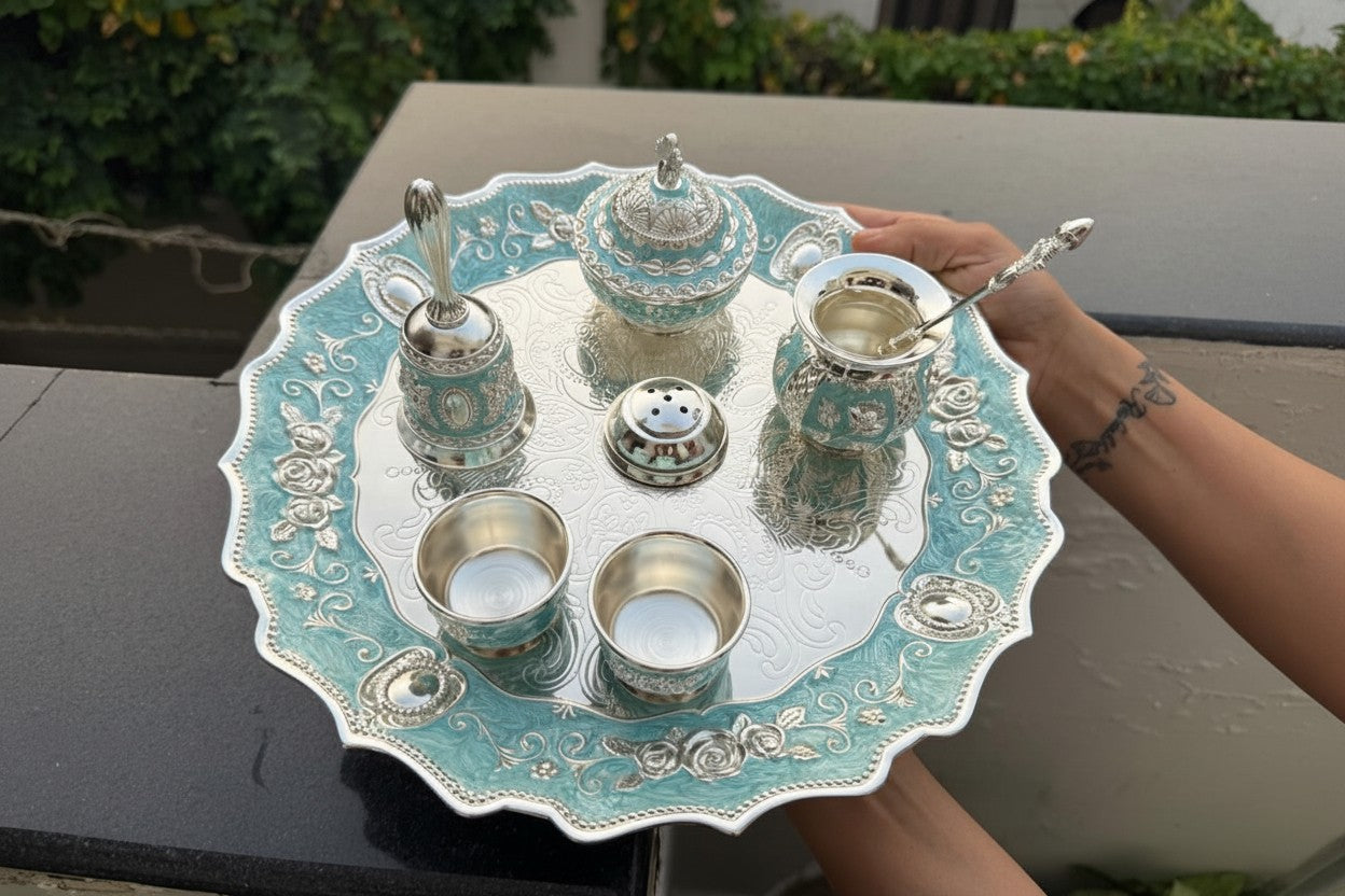 German Silver Blue Pooja Thali Set – 8 Pieces Colorful Puja Plate with velvet box