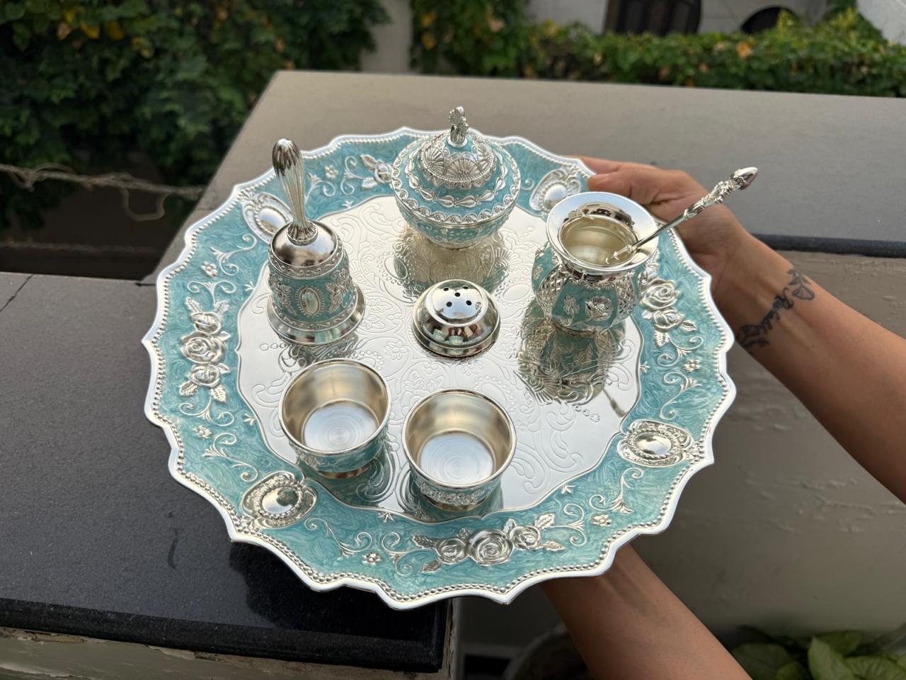 German Silver Blue Pooja Thali Set – 8 Pieces Colorful Puja Plate
