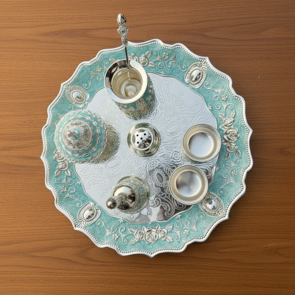 German Silver Blue Pooja Thali Set – 8 Pieces Colorful Puja Plate
