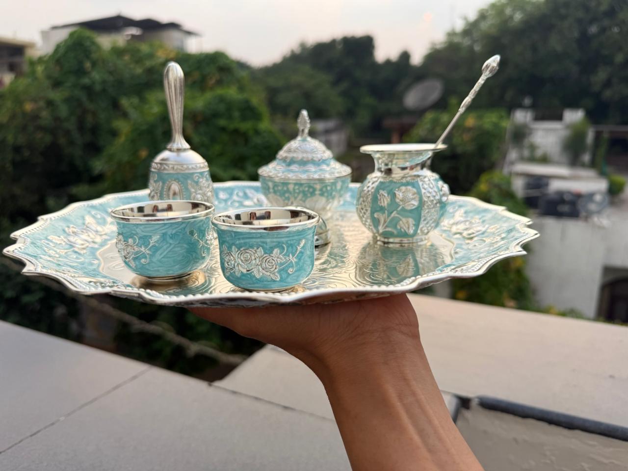 German Silver Blue Pooja Thali Set – 8 Pieces Colorful Puja Plate