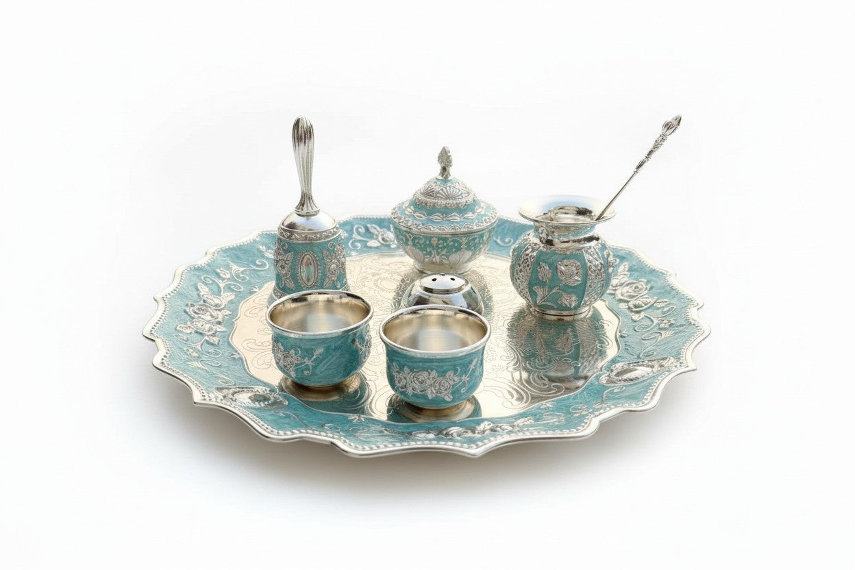 German Silver Blue Pooja Thali Set – 8 Pieces Colorful Puja Plate with velvet box