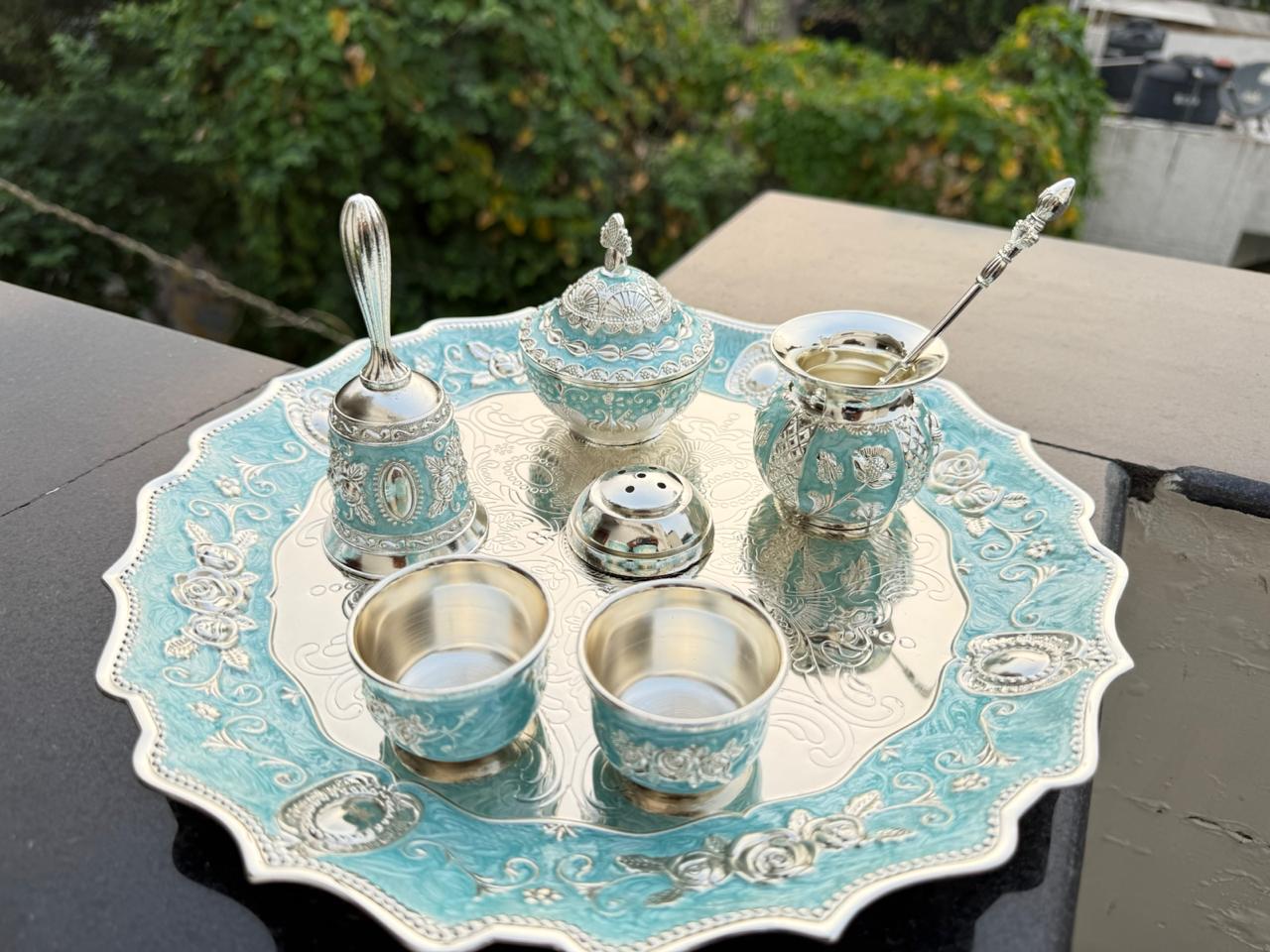 German Silver Blue Pooja Thali Set – 8 Pieces Colorful Puja Plate with velvet box