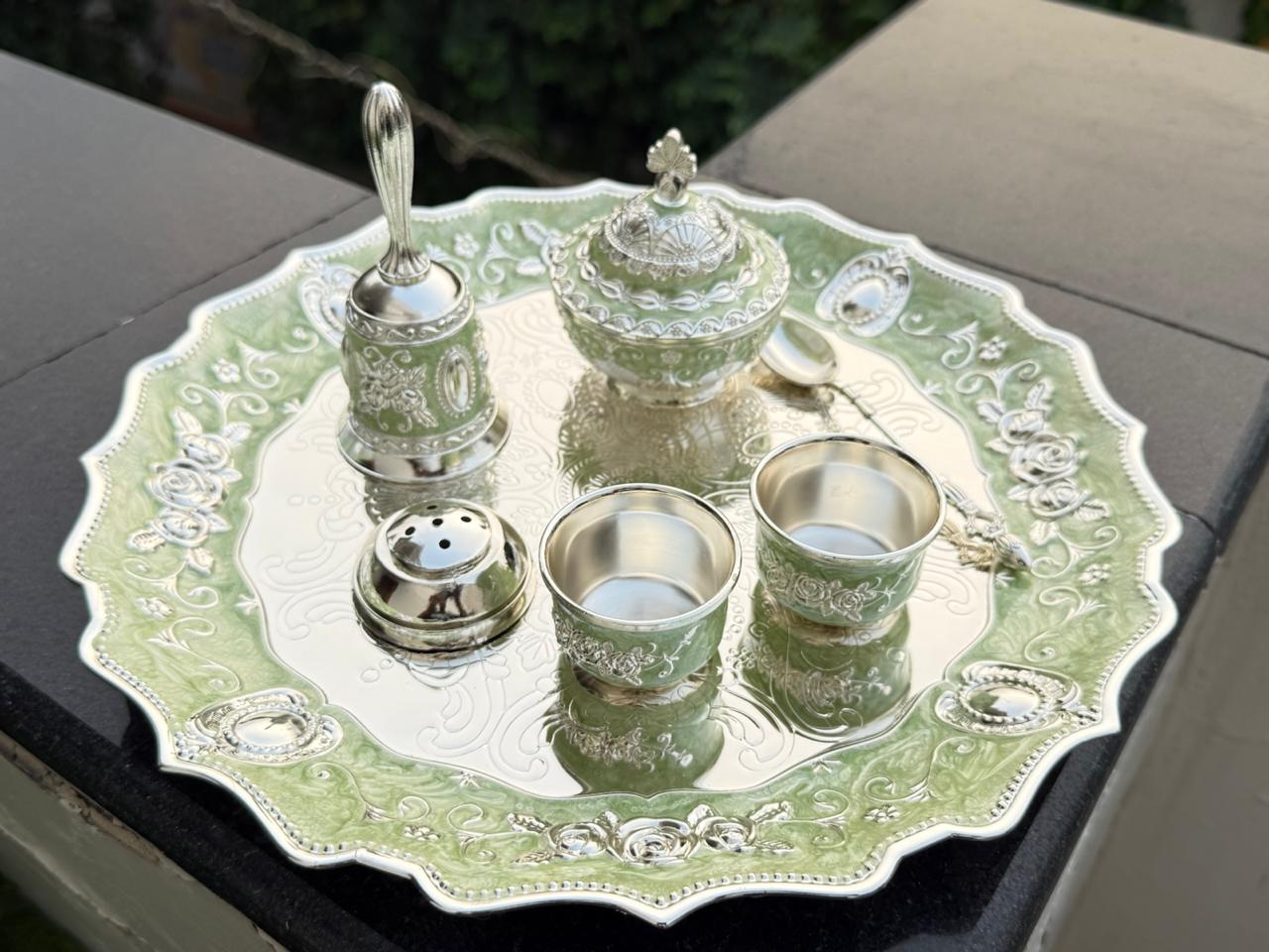 German Silver green Pooja Thali Set – 8 Pieces Colorful Puja Plate with velvet box