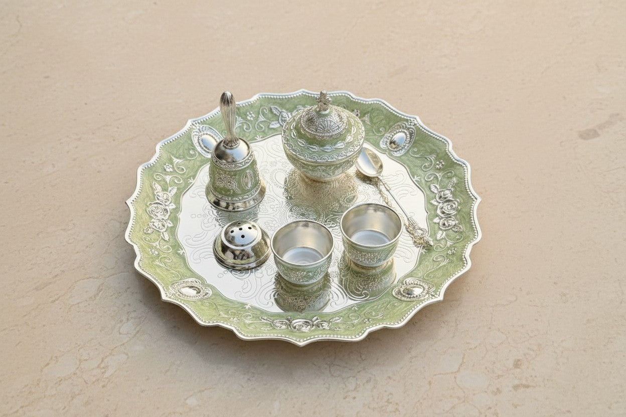 German Silver green Pooja Thali Set – 8 Pieces Colorful Puja Plate with velvet box