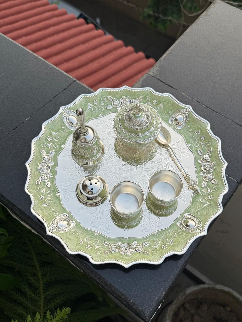 German Silver green Pooja Thali Set – 8 Pieces Colorful Puja Plate
