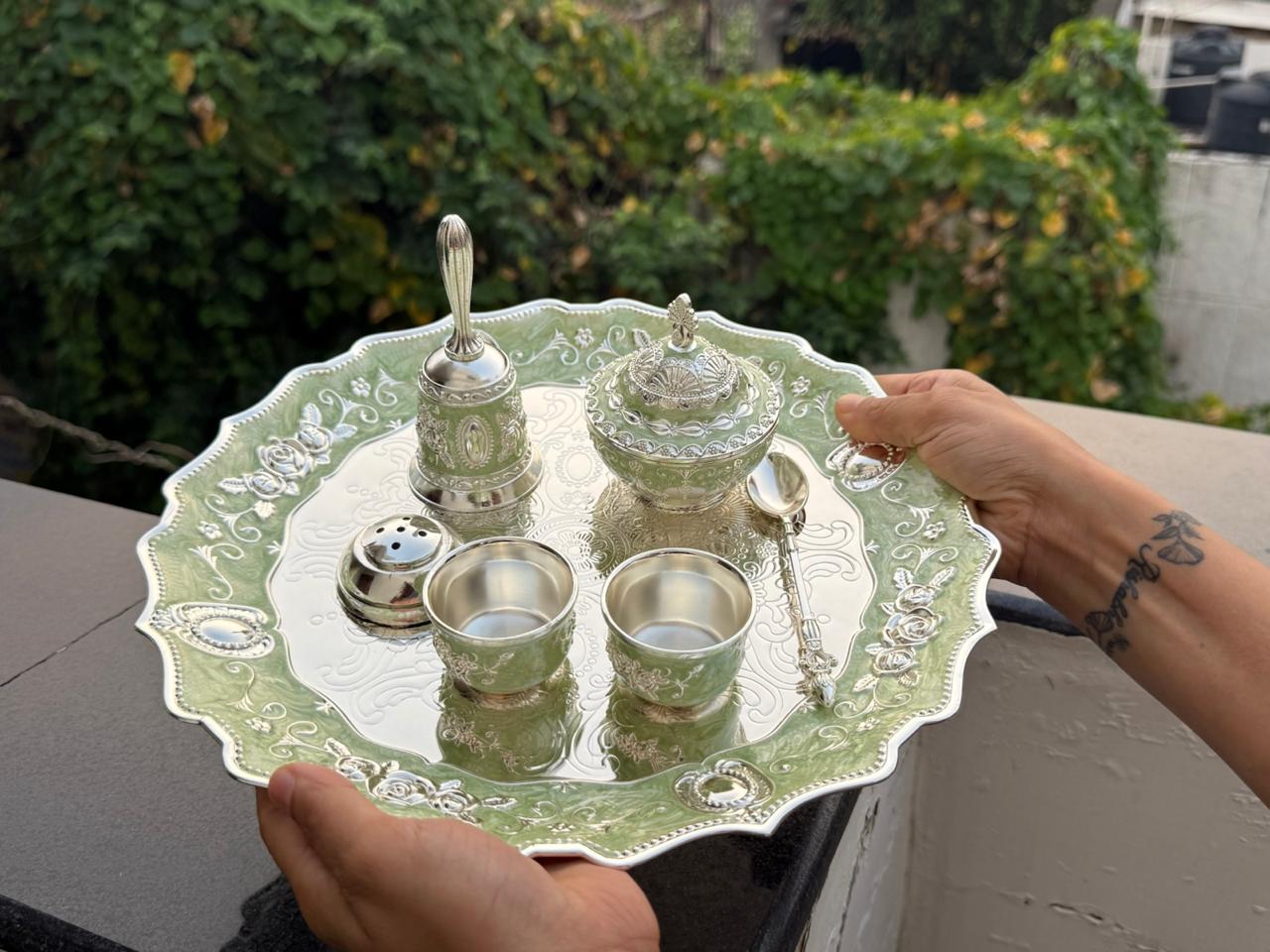 German Silver green Pooja Thali Set – 8 Pieces Colorful Puja Plate