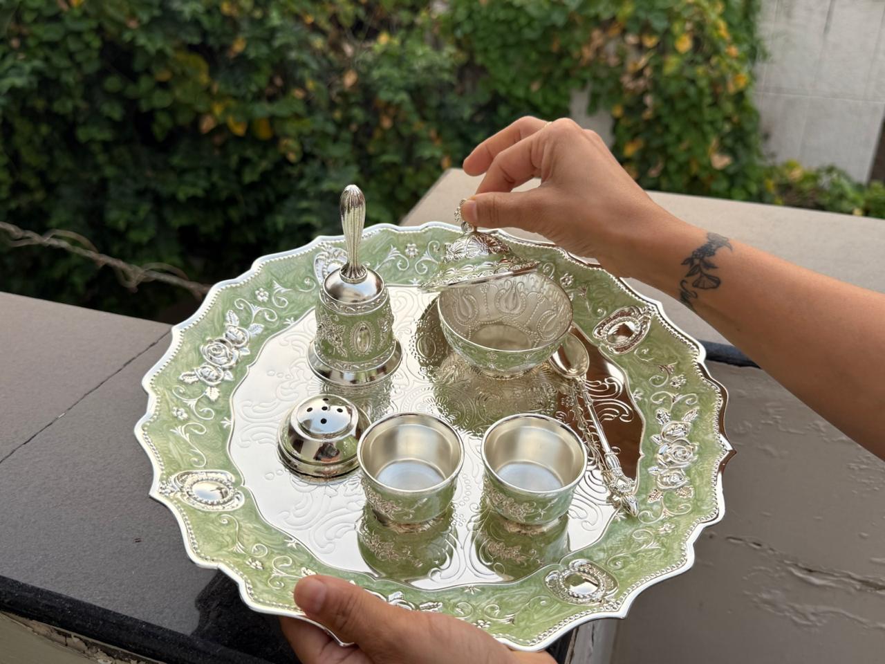 German Silver green Pooja Thali Set – 8 Pieces Colorful Puja Plate with velvet box