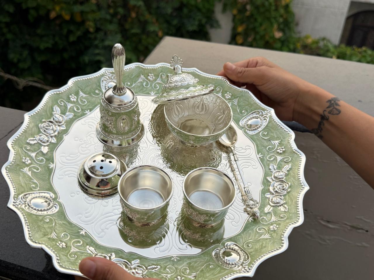 German Silver green Pooja Thali Set – 8 Pieces Colorful Puja Plate