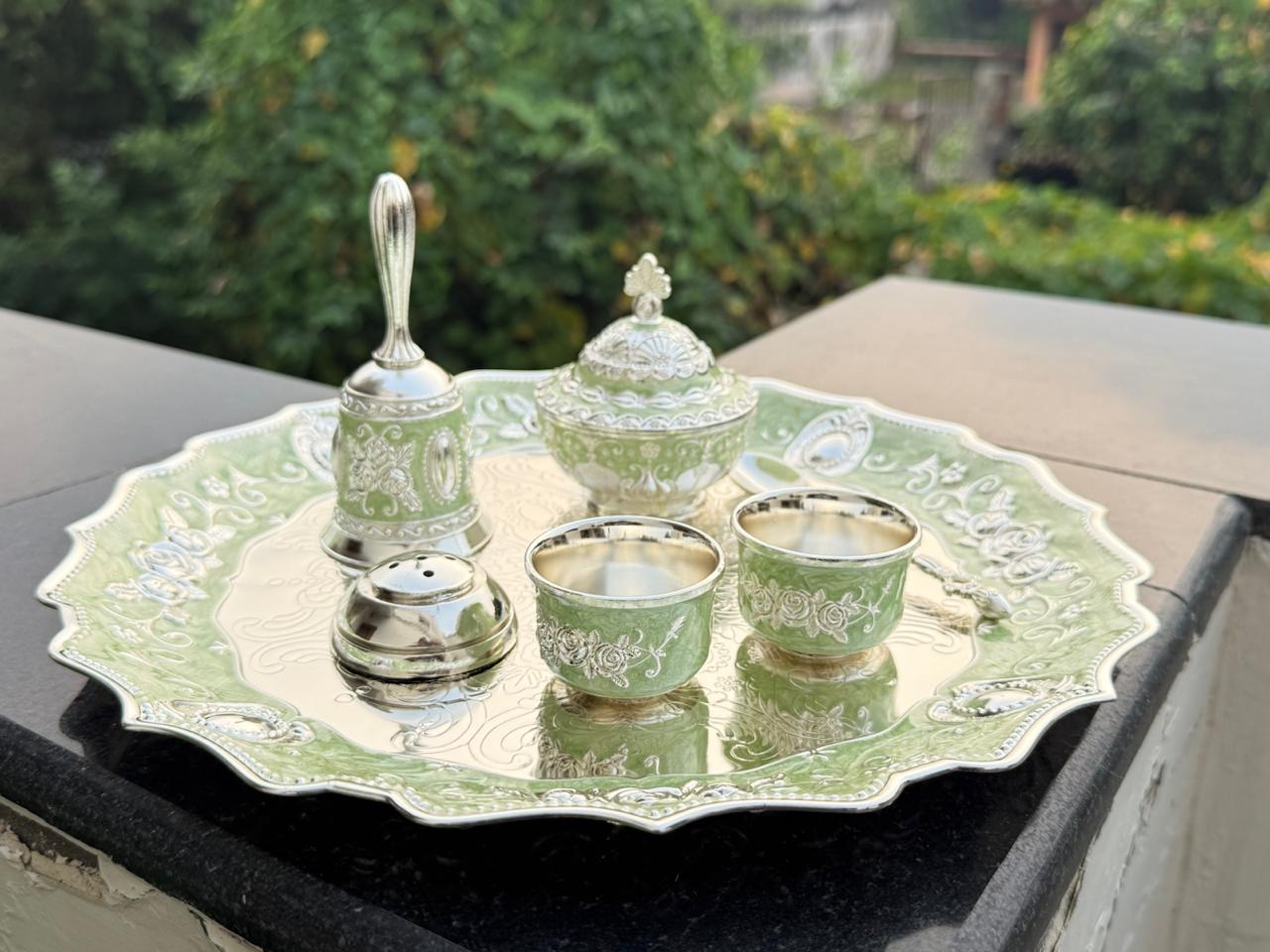 German Silver green Pooja Thali Set – 8 Pieces Colorful Puja Plate