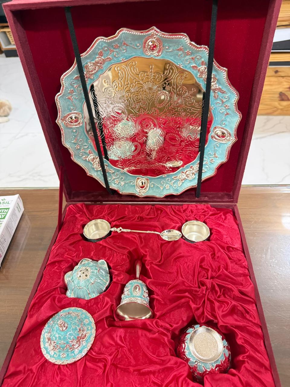 german silver blue pooja thali set of 7 pieces with velvet box