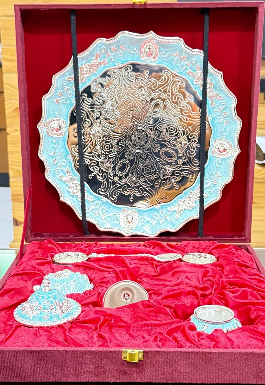 german silver blue pooja thali set of 7 pieces