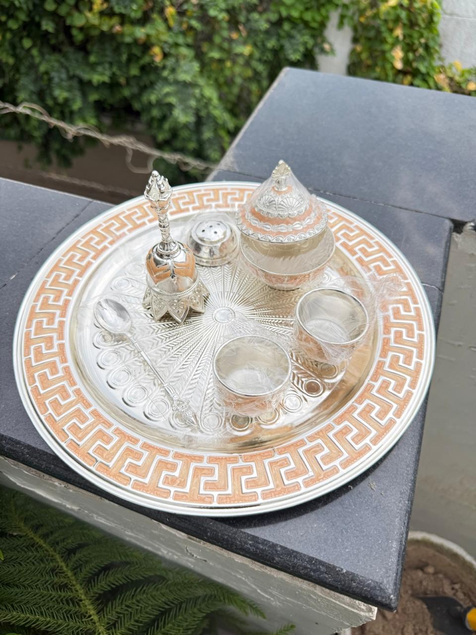 german silver orange color pooja thali set set of 7 pieces
