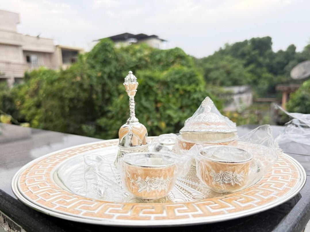 german silver orange color pooja thali set set of 7 pieces