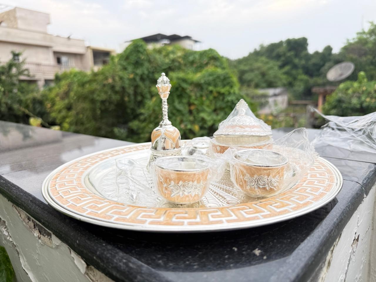 german silver orange color pooja thali set set of 7 pieces