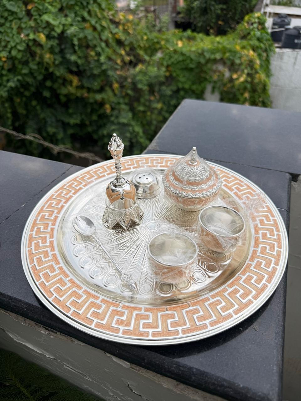 german silver orange color pooja thali set set of 7 pieces